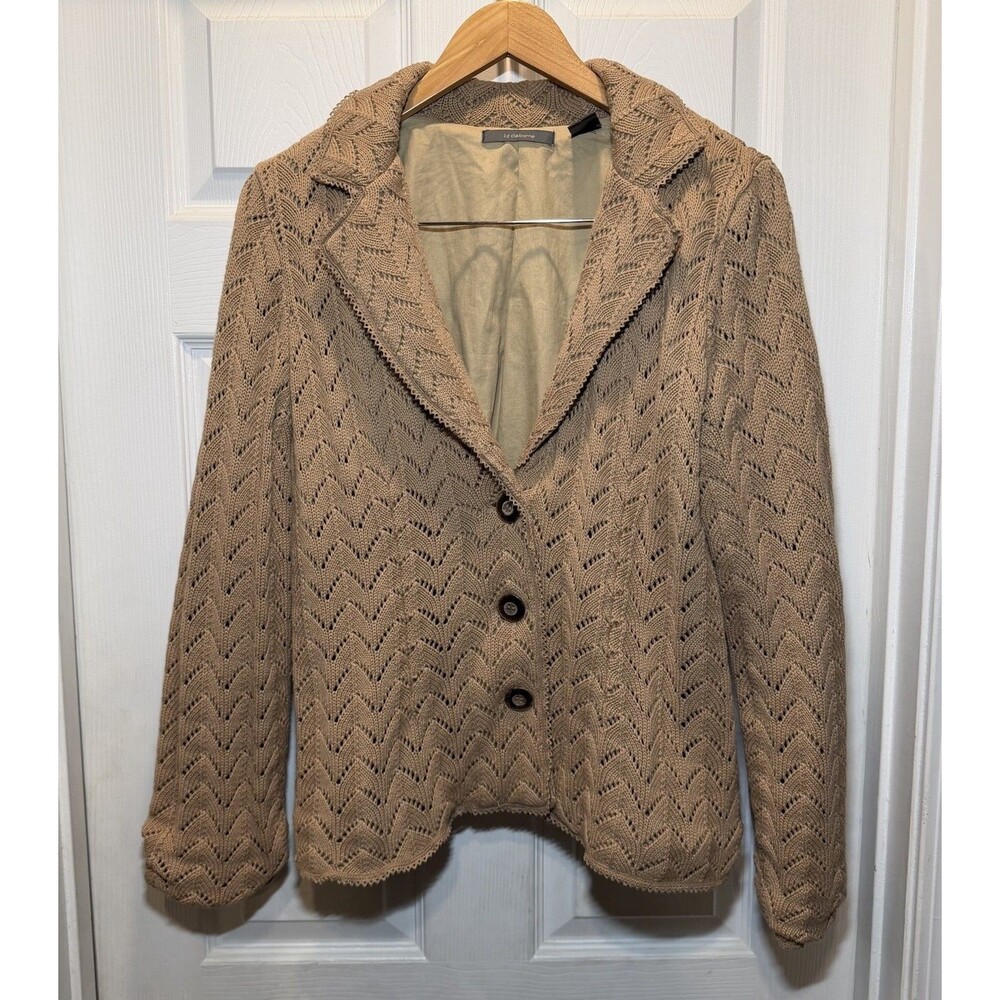 Liz Claiborne Chevron Knit Blazer Cardigan Jacket Lined Tan L 100% Cotton Career